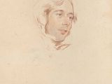 a drawing of a man ' s head in profile, with a white background
