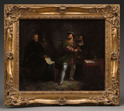 a painting of a man holding a book in front of a group of men