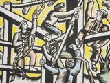 painting of a group of people in a building with a clock on the wall