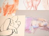 sketches of a woman laying on her stomach and a drawing of a man lying on the ground
