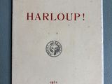 un vieux livre posé sur une surface bleue, portant le titre « Harloup »
