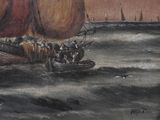 a painting of a group of people on a boat in the water