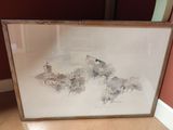 aquarelle encadrée représentant un paysage avec une église en arrière-plan