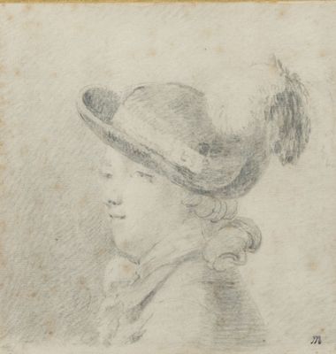 un vieux dessin d'une femme avec un chapeau sur la tête