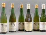 six bouteilles de vin sont alignées sur une surface grise