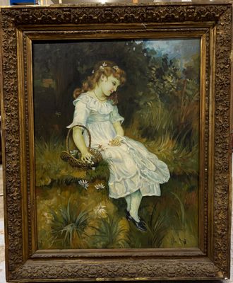tableau représentant une jeune fille en robe blanche tenant un panier de fleurs