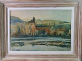 une peinture à l'huile représentant un paysage avec une rivière et un château