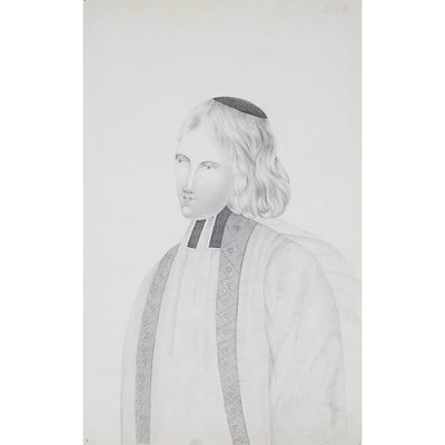 a black and white drawing of a man in a priest ' s robes