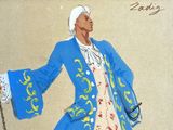 le dessin d'un homme vêtu d'un manteau bleu, avec une chaîne autour du cou