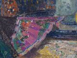 a painting of an umbrella and a pumpkin on a table