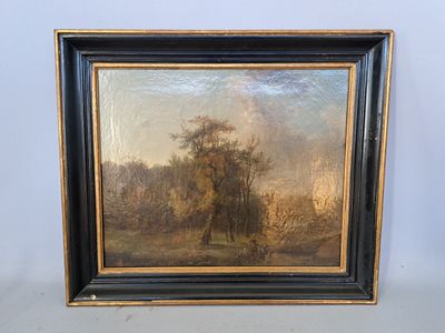 a painting of a wooded scene with a man and a dog in the foreground