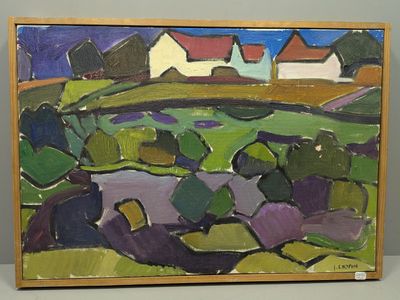 une image représentant un tableau représentant un paysage avec une maison en arrière-plan
