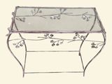 a drawing of a glass table with flowers on it
