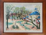 tableau encadré représentant une scène de parc avec des personnages et des arbres