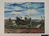 un tableau représentant un paysage avec des arbres et une route au premier plan