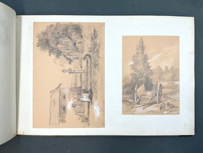 un vieux livre contenant deux dessins d'animaux dans un champ