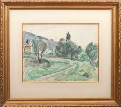 un tableau représentant un cheval dans un champ, avec des arbres en arrière-plan