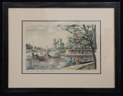 framed watercolor painting of a river scene with boats and a bridge