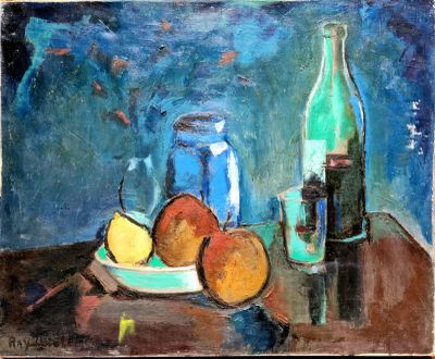 une peinture représentant une peinture d'une table sur laquelle sont posés des pommes et une bouteille
