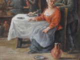 a painting of a woman sitting at a table with a plate of food