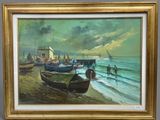a painting of boats on the beach by the water