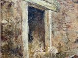 an oil painting of sheep in front of a stone building