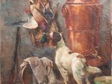 painting of a dog and a duck in a kitchen with a large pot