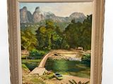 an oil painting of a bridge over a river with mountains in the background