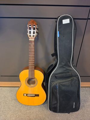 guitar case and acoustic guitar sit next to each other on the floor