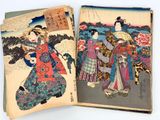 two japanese woodblocks depicting women in traditional clothing and a man in a kimono kimono
