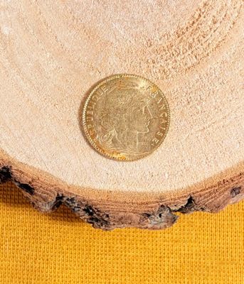 a gold coin sitting on top of a piece of wood