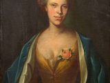 a painting of a woman in a yellow dress and blue shawl