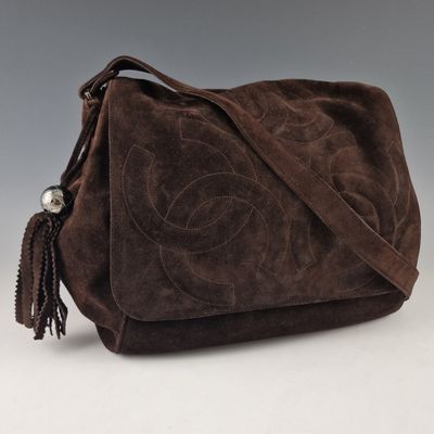 chanel brown sued shoulder bag with tassel