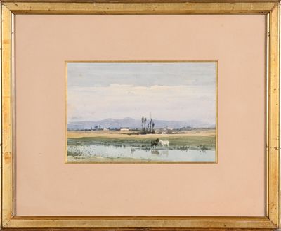 an image of a painting of a landscape with a river in the foreground