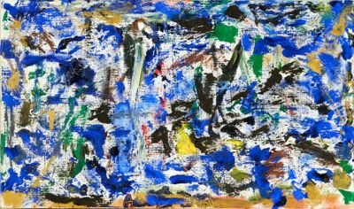 an abstract painting of blue and green paint on a brown surface