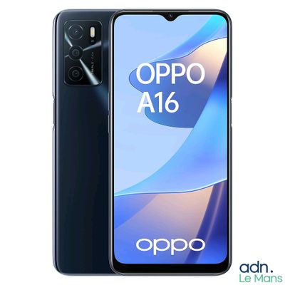 Le smartphone Oppo A16 est présenté avec l'appareil photo tourné vers le haut.