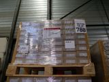 a large stack of boxes on a pallet in a warehouse