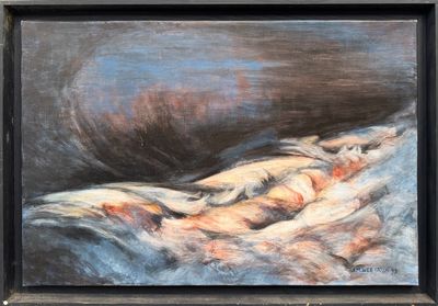 une peinture à l'huile représentant une femme allongée sur un lit, la tête posée sur un oreiller