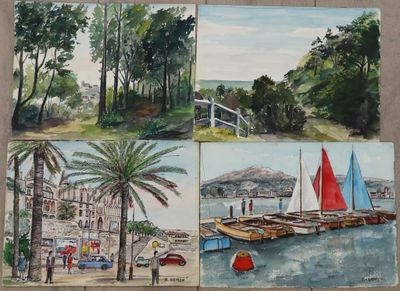 quatre tableaux représentant des bateaux sur l'eau, avec des palmiers en arrière-plan