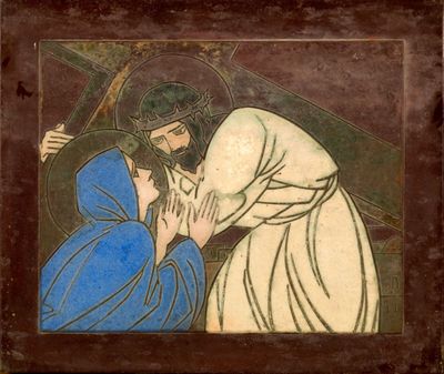 painting of jesus and a woman in blue robes with a cross in the background