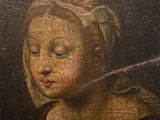 an old painting of a woman with a red dress and a head scarf