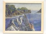 une photo d'un tableau représentant une falaise au bord de l'eau