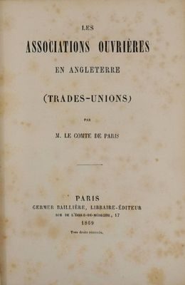 un vieux livre dont le titre indique « associations ouvertes en Angtere » (syndicats)