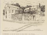 drawing of a drawing of a house with a fence and a street
