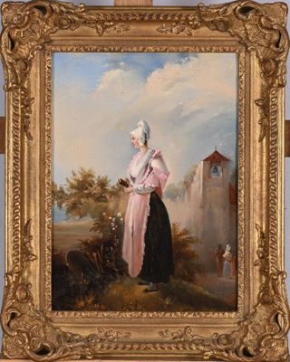 an old painting of a woman standing in front of a building