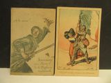 two old playing cards with a picture of a man holding a flag