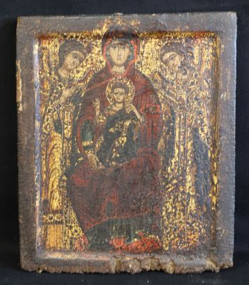 an old painting of a woman holding a child on a black background