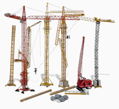 de nombreuses grues de chantier posées sur une surface blanche