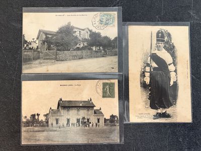 three old postcards of a woman and a man in front of a house