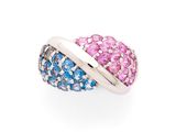 a pink, blue and white diamond ring on a white background